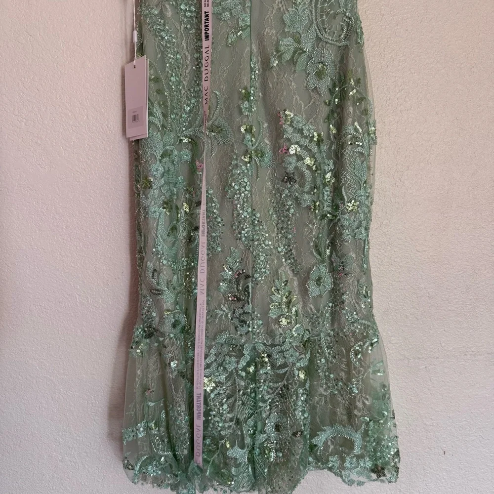 Mac Duggal Size 8 Mint Green 68266 Puff Sleeve V-Neck Embellished Midi Dress New - Picture 15 of 15